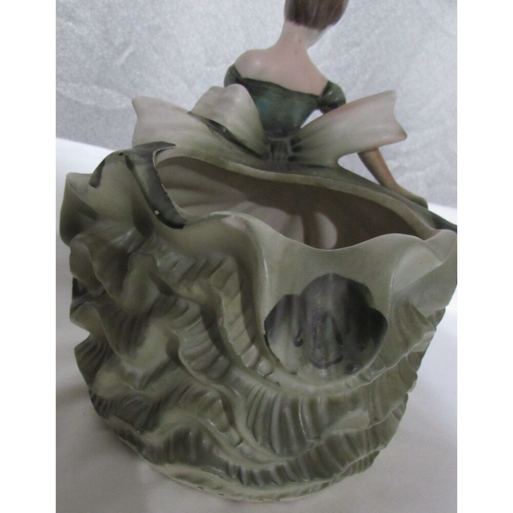 Vintage Lefton green dress lady girl planter brown hair twirling swirling flower - Picture 5 of 14